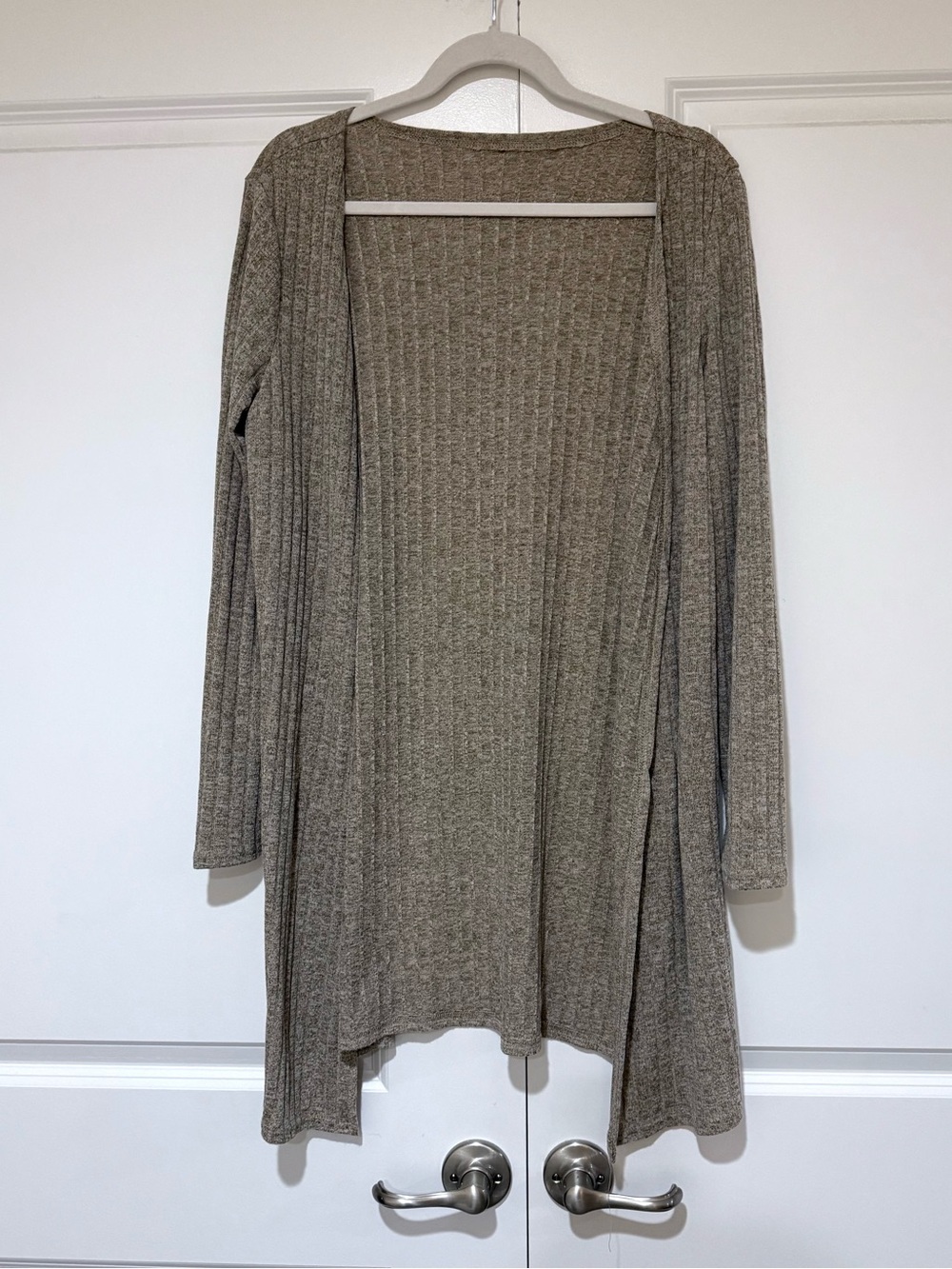 Open-Front Ribbed Long Cardigan - Taupe Missing Belt